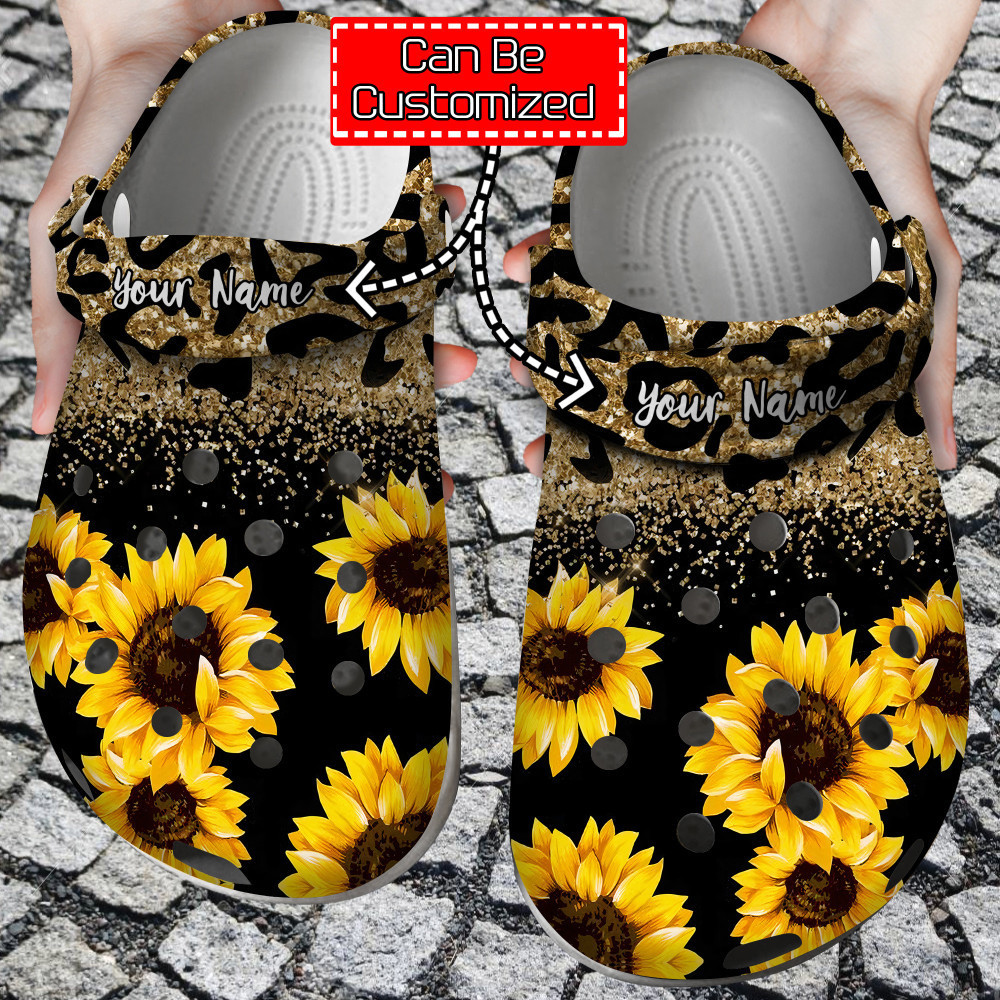 Footwearmerch Sunflower - Personalized Sunflowers Glitter Leopard Clog Shoes For Men And Women