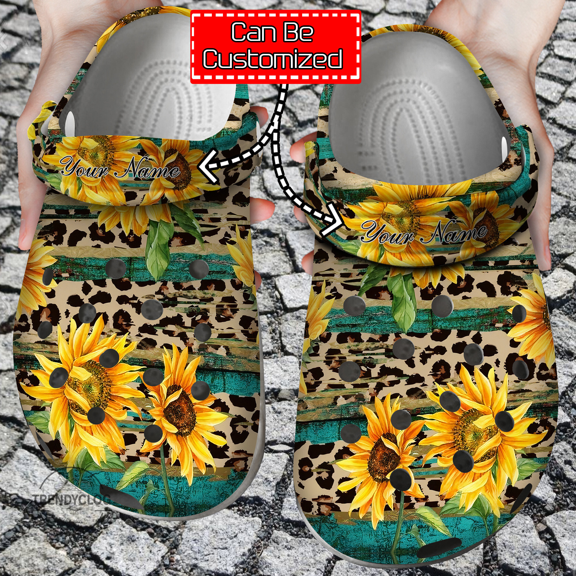 Footwearmerch Sunflower Print Rustic Sunflower Tea Wood Leopard Clog Shoes