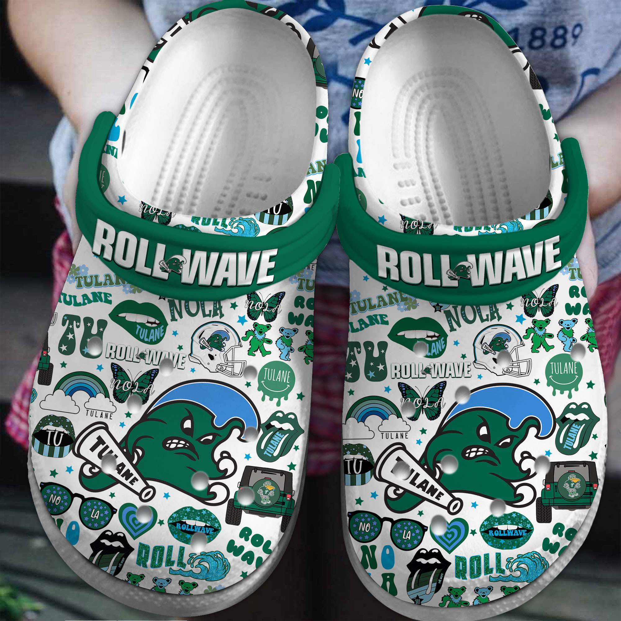 Footwearmerch Tulane Green Wave NCAA Sport Crocs Crocband Clogs Shoes Comfortable For Men Women and Kids