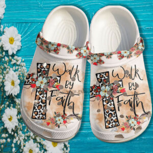 Footwearmerch Walk By Faith God Cross Leopard Croc Shoes For Women- Cross Flower Shoes Croc Clogs Birthday Gift