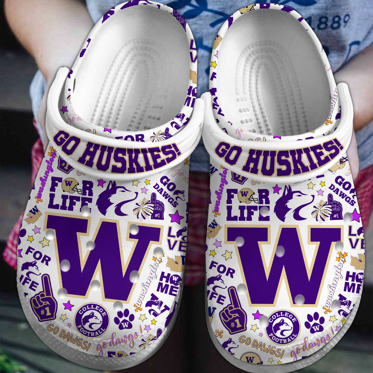 Footwearmerch Washington Huskies NCAA Sport Crocs Crocband Clogs Shoes Comfortable For Men Women and Kids