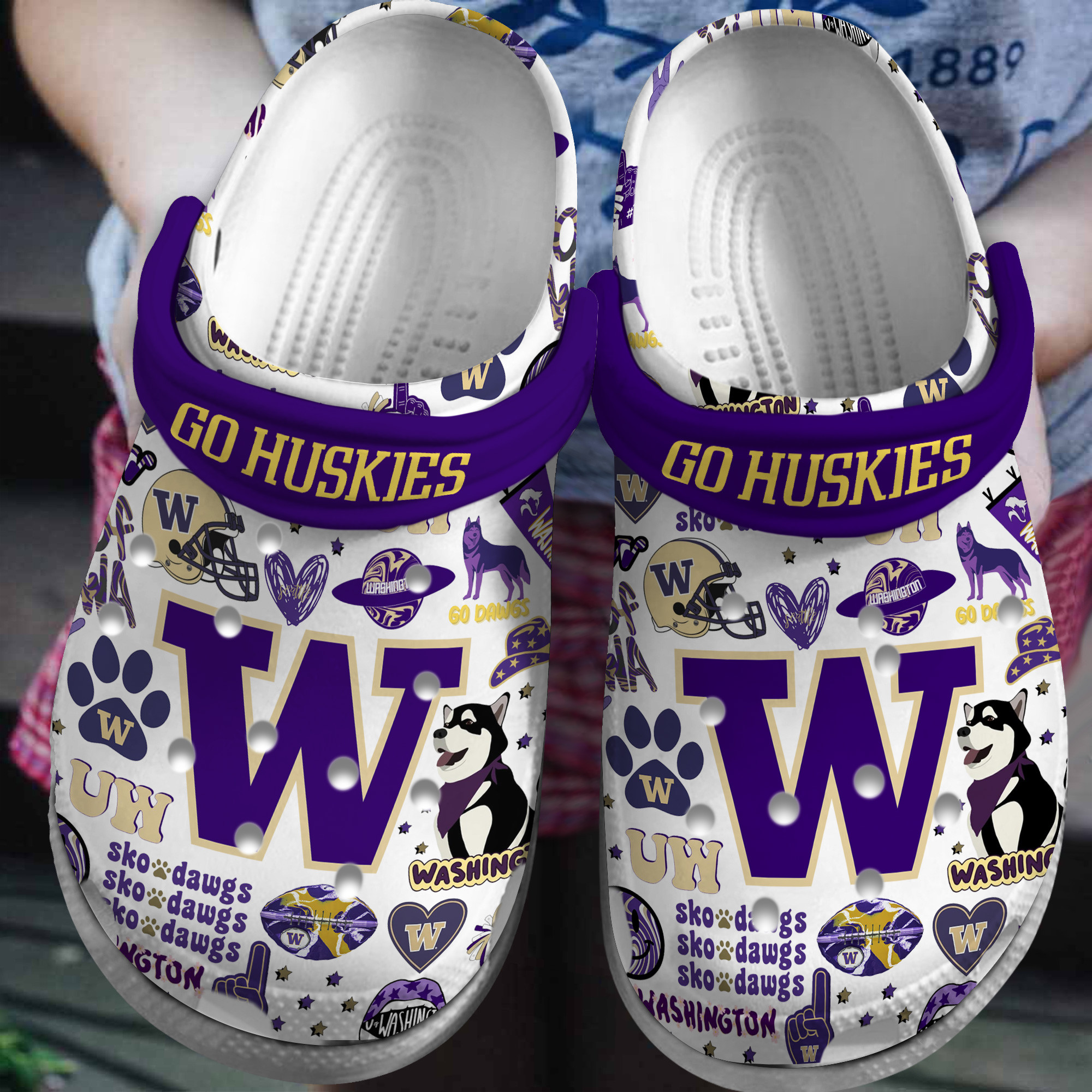 Footwearmerch Washington Huskies NCAA Sport Crocs Crocband Clogs Shoes Comfortable For Men Women and Kids