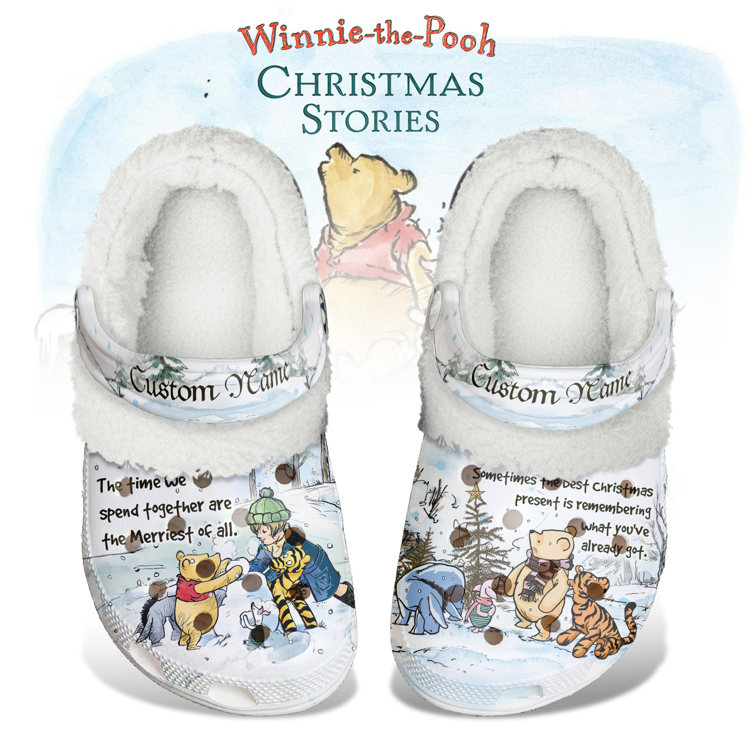 Footwearmerch Winnie The Pooh x Christmas Crocs Crocband Fleece Lined Clogs Shoes Comfortable For Men Women and Kids In Winter