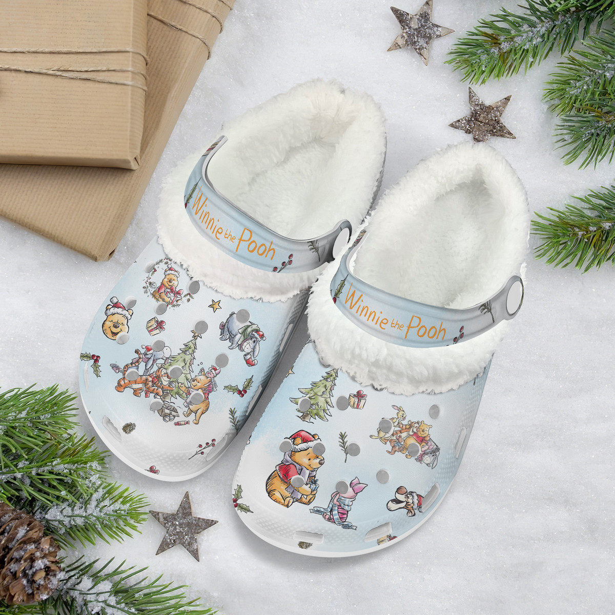 Footwearmerch Winnie The Pooh x Christmas Crocs Crocband Fleece Lined Clogs Shoes Comfortable For Men Women and Kids In Winter