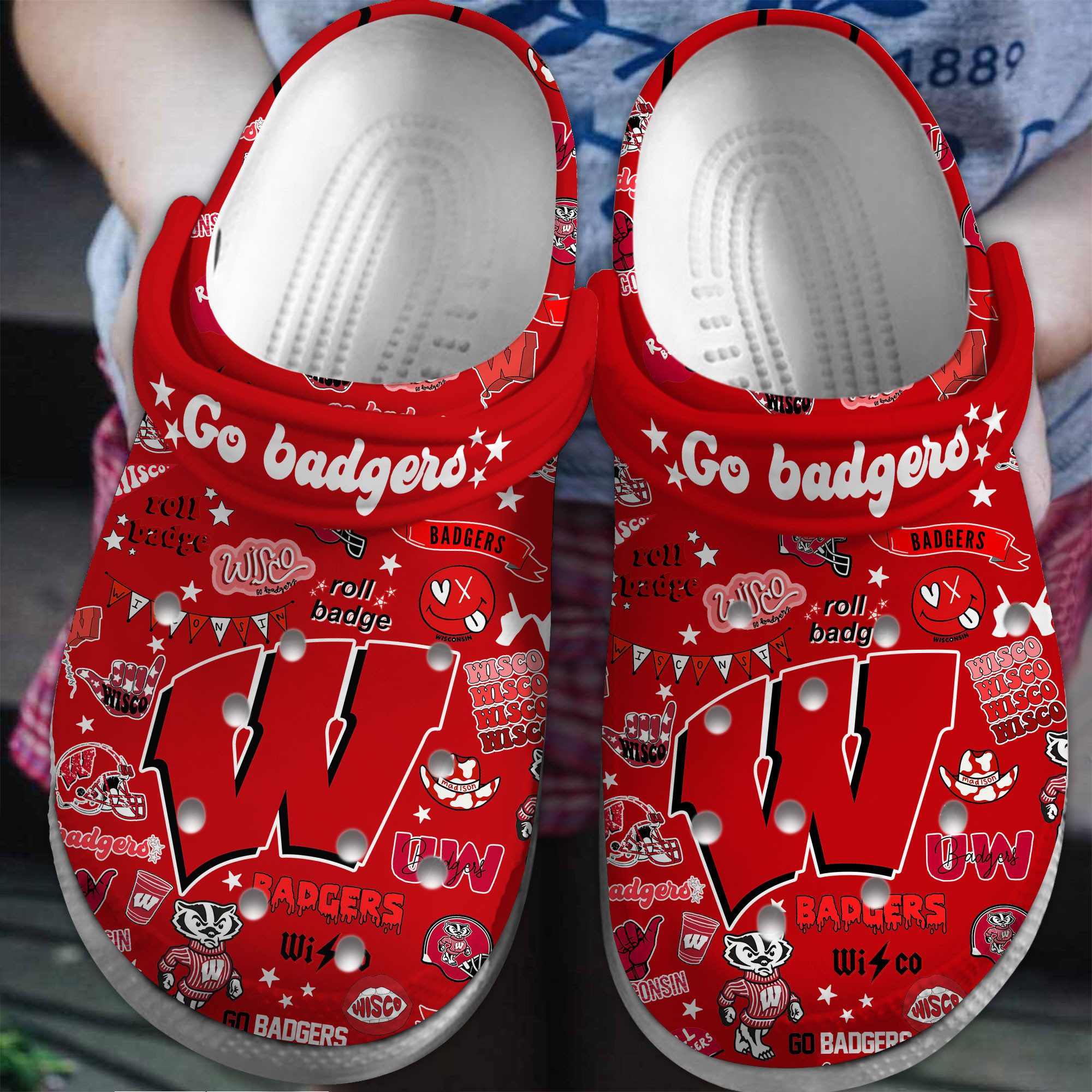 Footwearmerch Wisconsin Badgers NCAA Sport Crocs Crocband Clogs Shoes Comfortable For Men Women and Kids