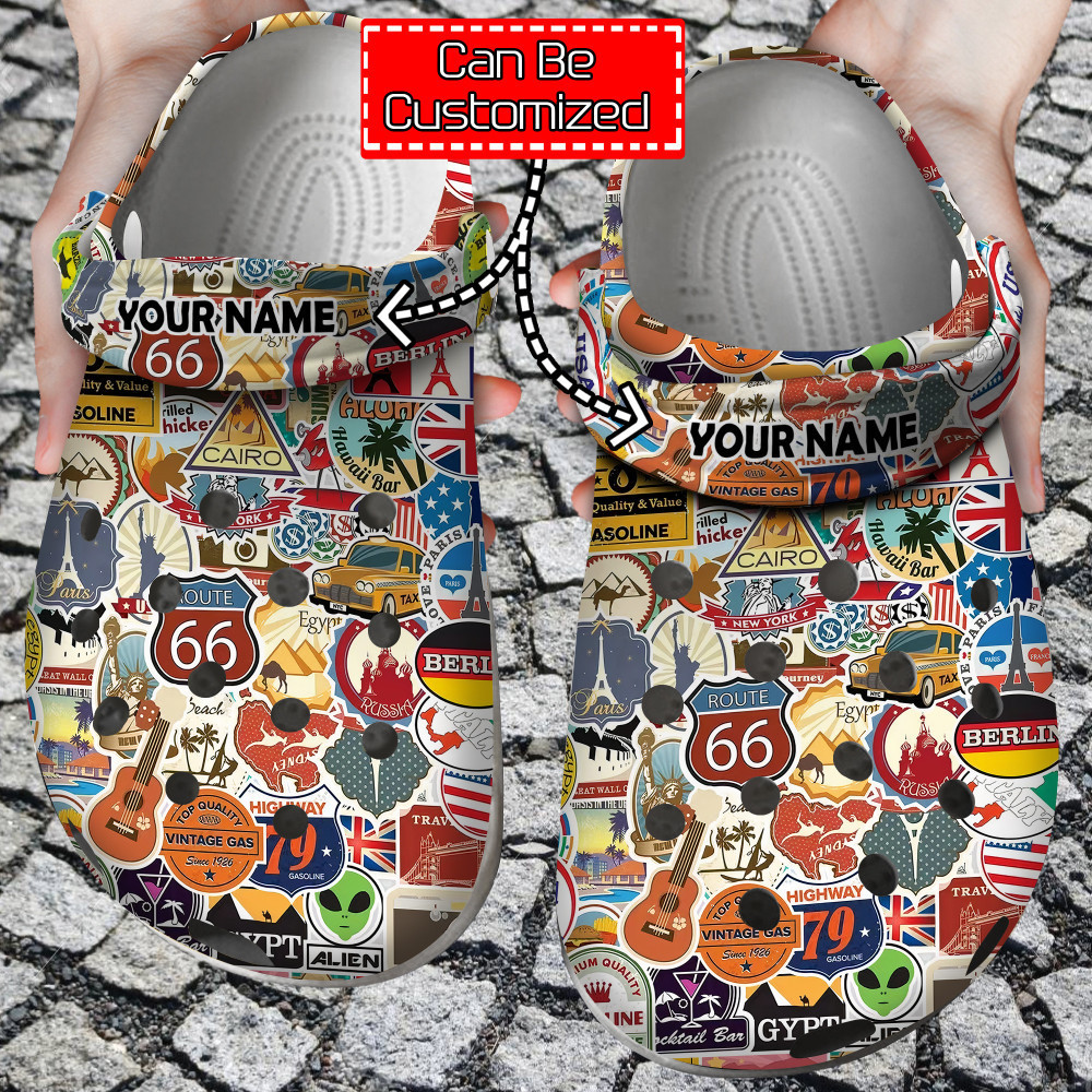Footwearmerch World Travel - Personalized World Travel Maps Airplane Air And Famous Buildings Signs Stickers Clog Shoes For Men And Women