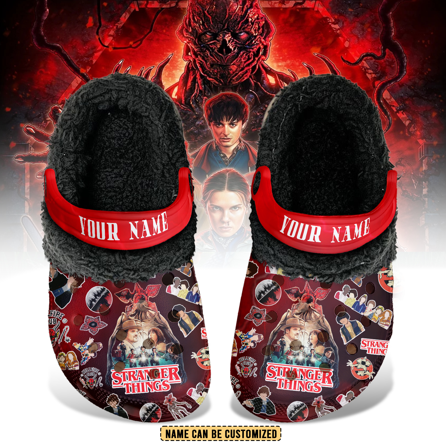Footwearmerch Stranger Things TV Series Crocs Crocband Fleece Lined Clogs Shoes Comfortable For Men Women and Kids In Winter